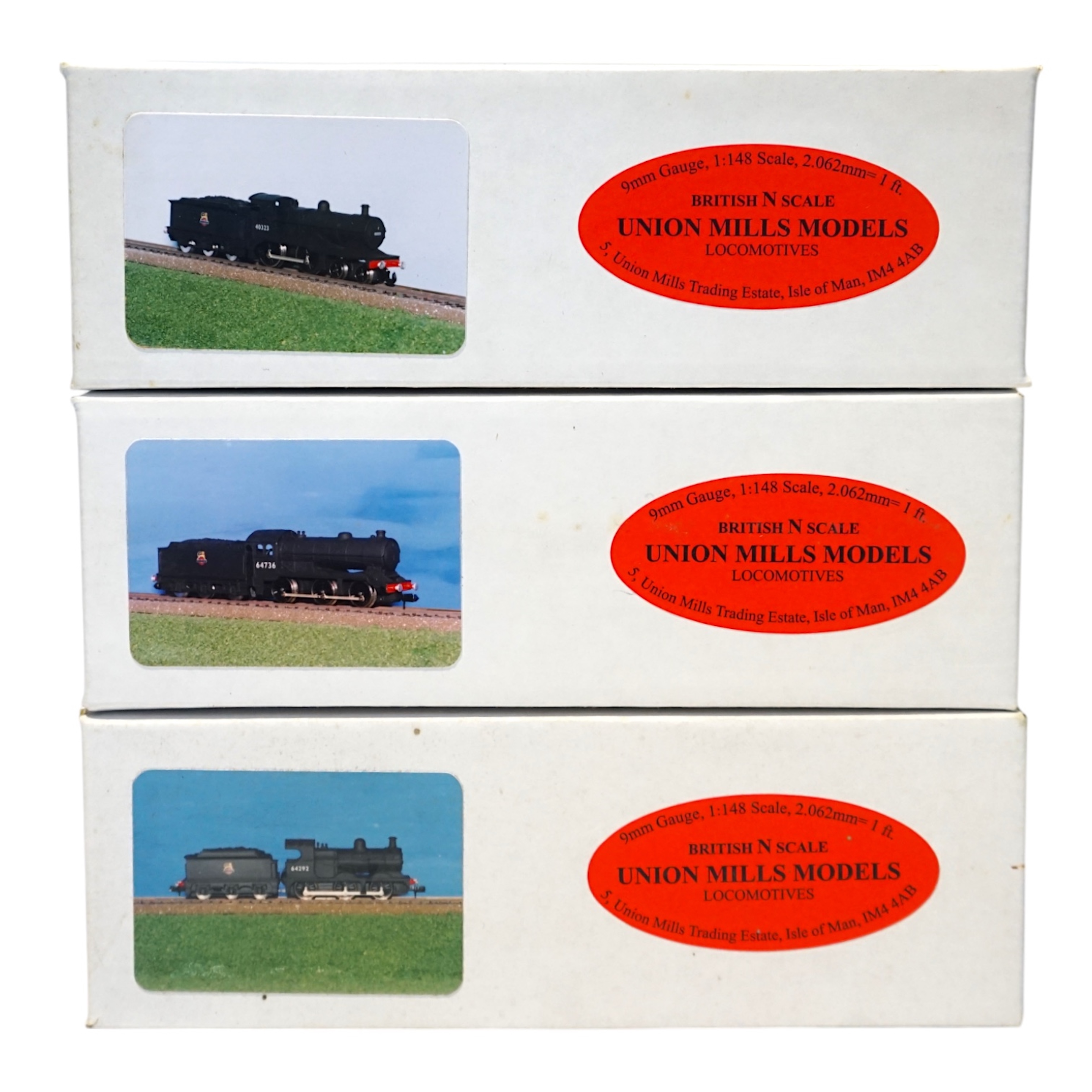 Three boxed Union Mills Models N gauge railway BR locomotives; a Class J39, 64736, a Class J11, 64394, and a Class 2P, 40323. Condition - good.